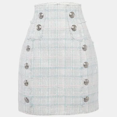 Pre-owned Balmain Sky Blue/pink Tweed Button Detail High-waist Skirt M