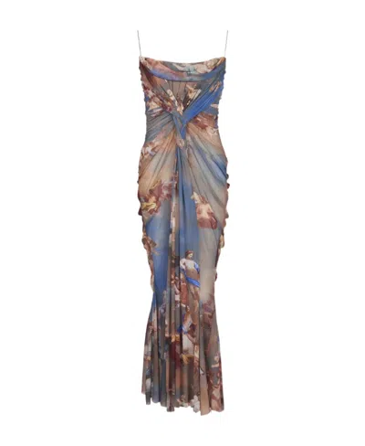 Balmain Sky Printed Draped Tulle Maxi Dress In Gray