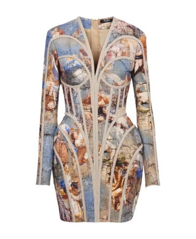 Balmain Sky Printed Linen Cage Dress In Nude
