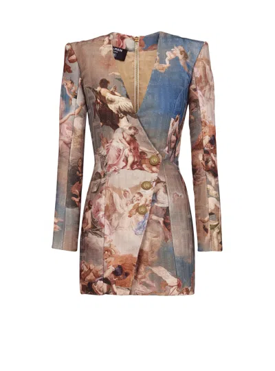 Balmain Sky Printed Monogrammed Jacquard Wrap Dress In Multi