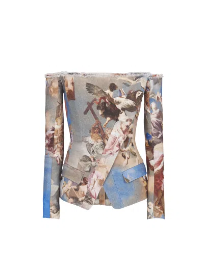 BALMAIN SKY PRINTED OFF-THE-SHOULDER CANVAS JACKET