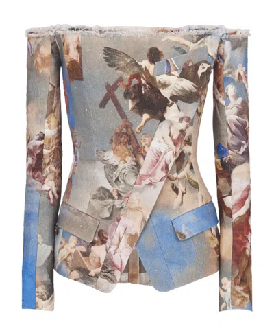 Balmain Sky Printed Off-the-shoulder Canvas Jacket In Multicolor