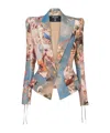 Balmain Patterned Linen 1-button Blazer With Lace-up Details In Blue