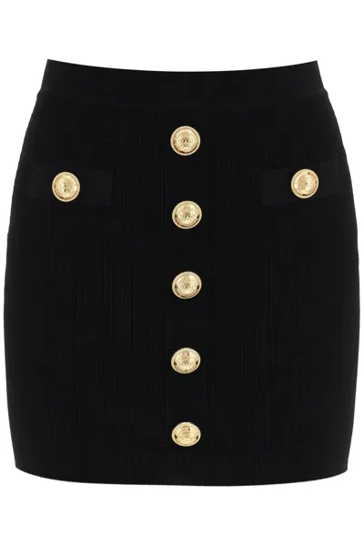 Balmain Sleek Black Knit Mini Skirt With Embellished Buttons For Women