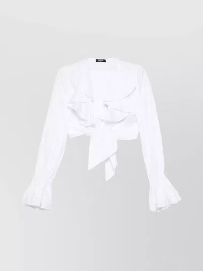 Balmain Sleeve Ruffle V-neck Crop Top In White
