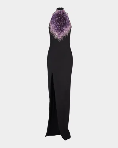 Balmain Sleeveless Amethyst Embroidered Milano Jersey Slit Gown In Black Mult