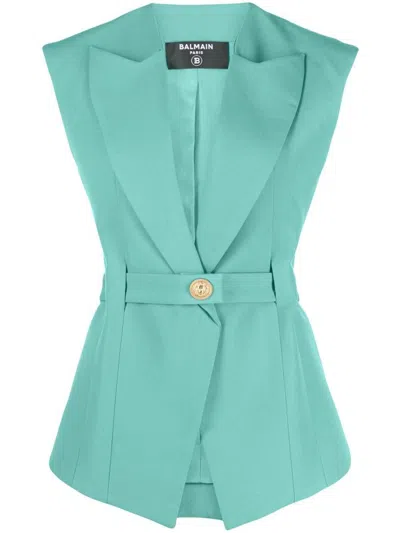 Balmain Grain De Poudre Waistcoat In Green