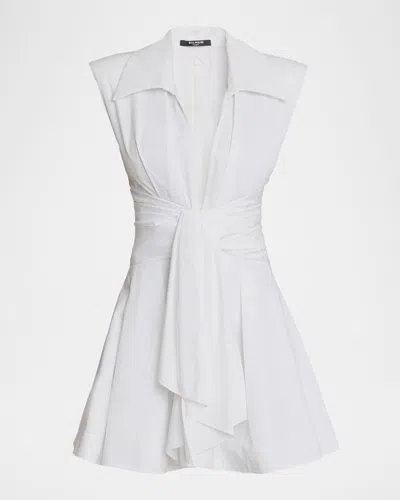Balmain Belted Pleated Cotton-poplin Mini Dress In White