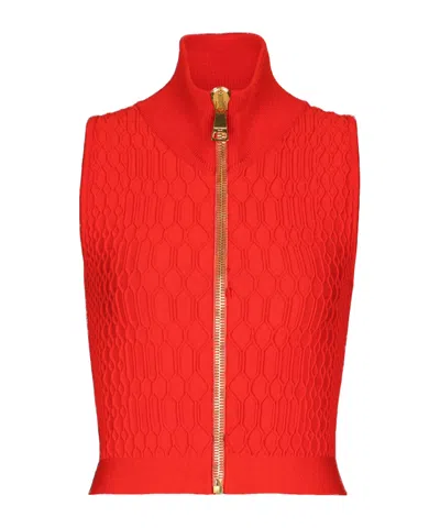 Balmain Sleeveless Crocodile-knit Top In Red
