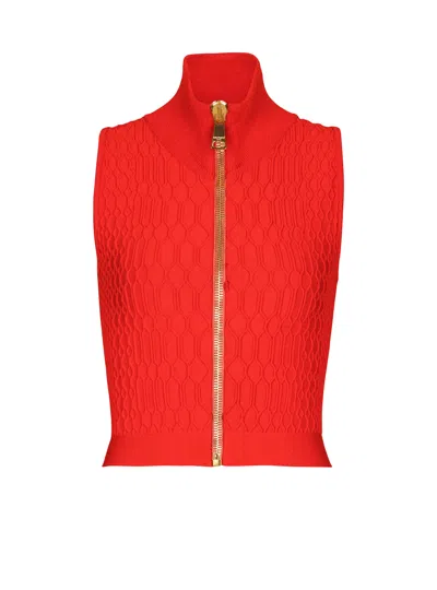 Balmain Sleeveless Crocodile-knit Top In Red