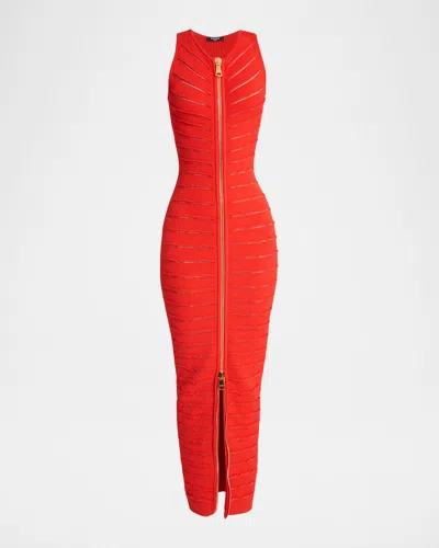 Balmain Sleeveless Cutout Zip Halter Maxi Dress In Red