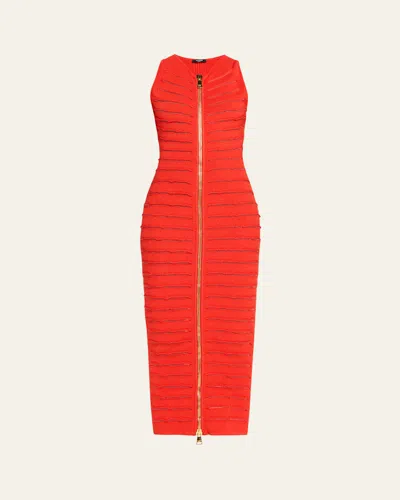 Balmain Sleeveless Cutout Zip Halter Maxi Dress In Red