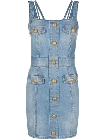 Balmain Button-embellished Stretch-denim Mini Dress In Blue