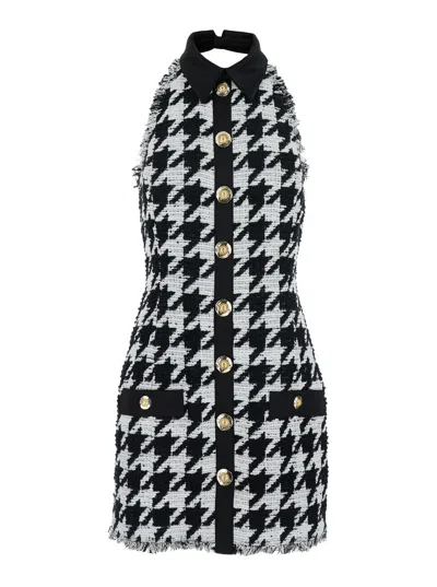 BALMAIN HOUNDSTOOTH BUTTON-DETAILED MINI DRESS
