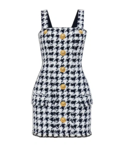 BALMAIN BALMAIN HOUNDSTOOTH BUTTON DETAILED TWEED DRESS