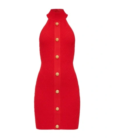 Balmain Knitted Halter Neck Mini Dress In Red