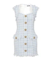 Balmain Frayed Gingham Cotton-blend Tweed Mini Dress In White