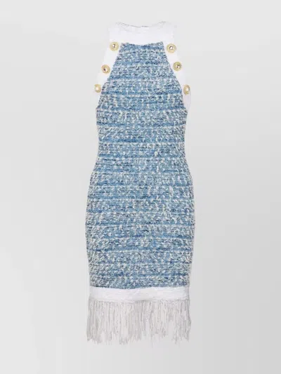 Balmain Fringed Denim Tweed Dress In Blue