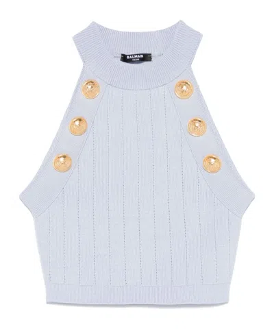 Balmain Sleeveless Knitted Vest In Bleu Pâle