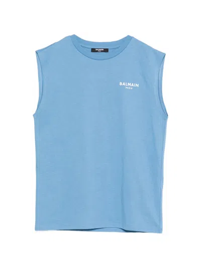 Balmain Sleeveless Logo Print T-shirt For Boys In Clear Blue