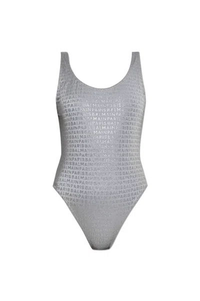 Balmain Sleeveless One-piece Swimsuit In Gray