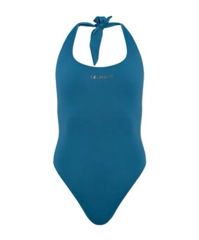 Balmain Sleeveless One-piece Swimsuit In Blue