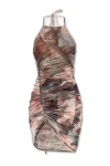 BALMAIN SLEEVELESS PASTEL TULLE DRESS WITH ASYMMETRIC DRAWSTRING AND HALTER NECK