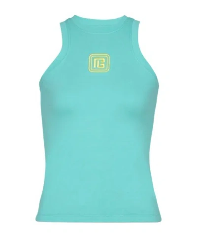 Balmain Logo-embroidered Racerback Tank Top In Blue