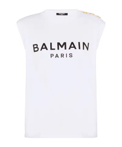 Balmain Logo Printed Sleeveless Top In White