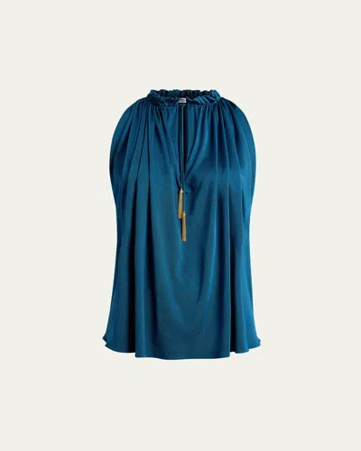 Balmain Sleeveless Tassel Gathered Jersey Halter Top In Blue