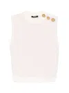 Balmain Knit Top Button Detail Sleeveless Round Neck In White