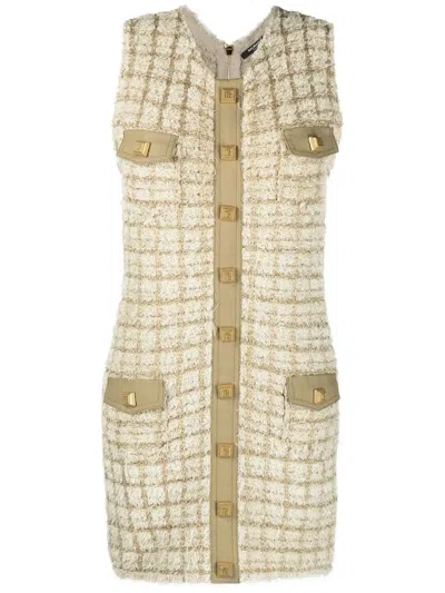 Balmain Textured Tweed Short Dress With Front Pockets In Neutral