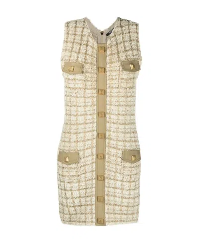 Balmain Textured Tweed Short Dress With Front Pockets In Neutral