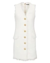Balmain V-neck Buttoned Tweed Minidress In White
