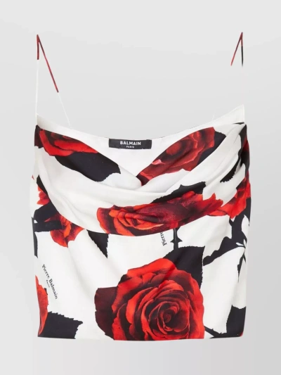 Balmain Roses-print Draped Satin Top In Red