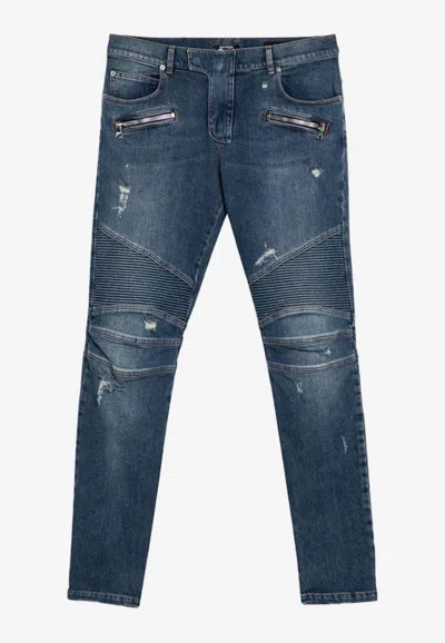Balmain Distressed Slim Biker Jeans In Blue