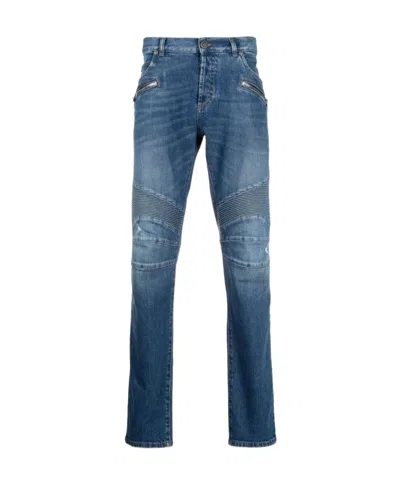 Balmain Light Blue Biker Jeans With Zip And Rips In Bleujeanbrut