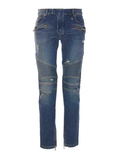 Balmain Light Blue Biker Jeans With Zip And Rips In Bleujeanbrut