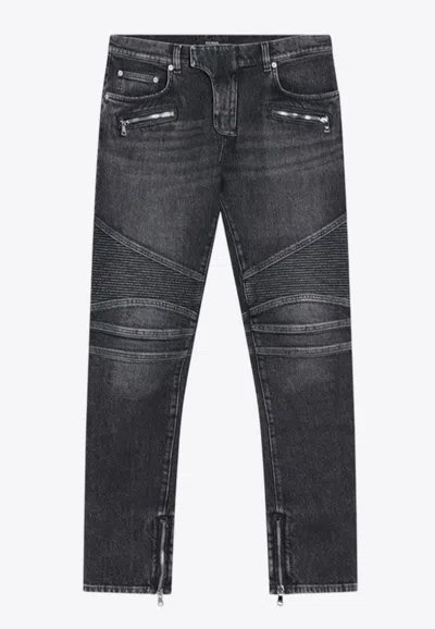 Balmain Slim Washed Biker Jeans In Gray
