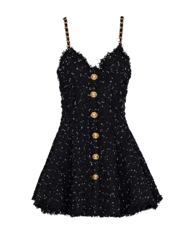 Balmain Short Polka Dot Dress With Chain Straps In Black