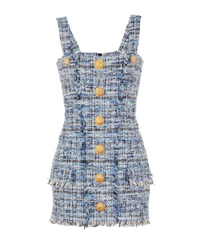 Balmain Blue Dress With Frayed Details In Tweed Woman