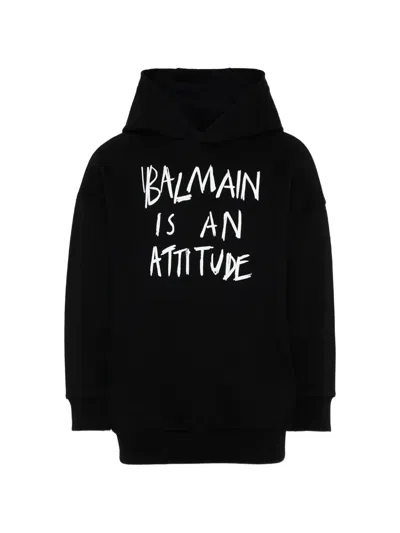 Balmain Kids' Slogan-print Hoodie In Black