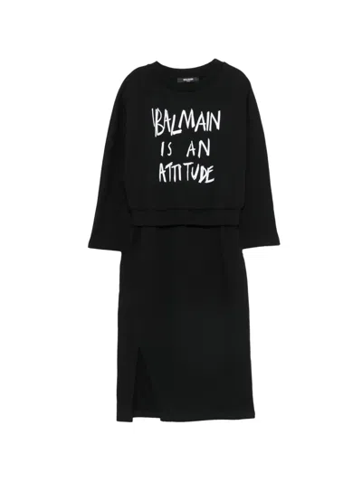Balmain Kids' Slogan-print Layered-effect Dress In Black