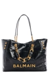 Balmain 1945 Soft Pb-monogrammed Crinkled Leather Tote Bag In 0pa Black