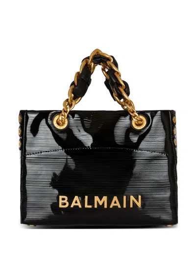Balmain '1945 Soft Small' Black Tote Bag With Lettering In Embossed Crackled Woman