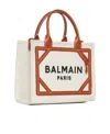 Balmain B-army Small Canvas Shopping Bag With Leather Inserts In White