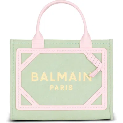 Balmain Small B-army Canvas Tote Bag In Ujr Pale Green/ Multi