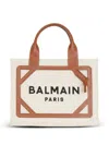 Balmain Mini Canvas And Leather Tote Bag With Adjustable Strap In Neutrals