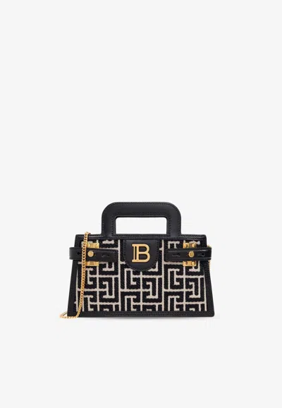 Balmain Small B-buzz Monogram Canvas Top Handle Bag In Gray