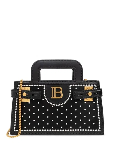 Balmain B-buzz Small Top-handle Bag In Pearly-embellished Satin And Leather In Black